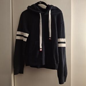 Reflex Women's Navy Hoodie with White Stripes On Sleeves And Graphic Detail